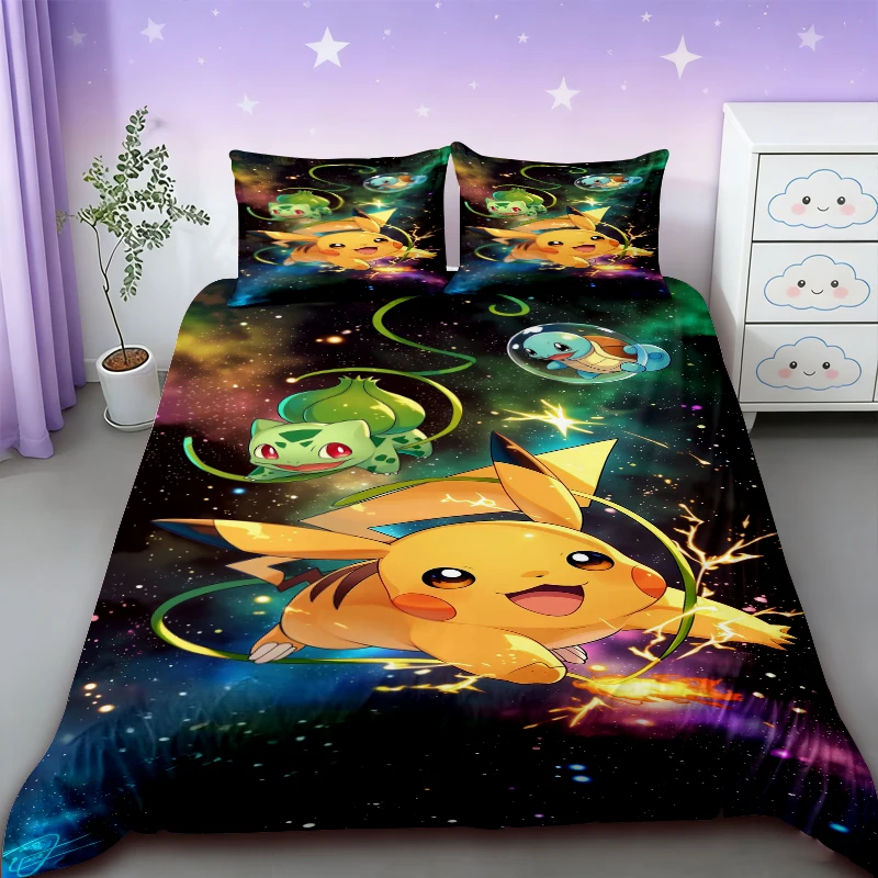 

Anime Three-piece Set Duvet Cover Pikachu Cartoon Bedding Set Comforter Cover for Bedroom Decor Queen King Size comfortable