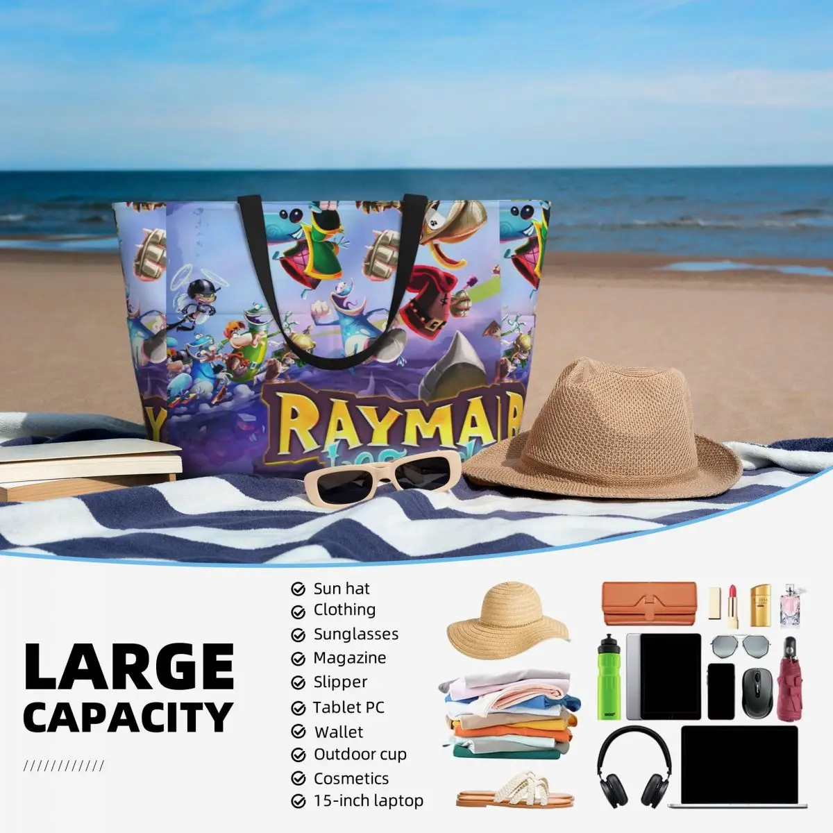 ألعاب الكرتون Rayman Legends حقيبة حمل على الشاطئ حقيبة رياضية للصالة الرياضية واليوجا واق من المطر حقيبة حمل كبيرة للنساء حقيبة سفر حقيبة لياقة بدنية