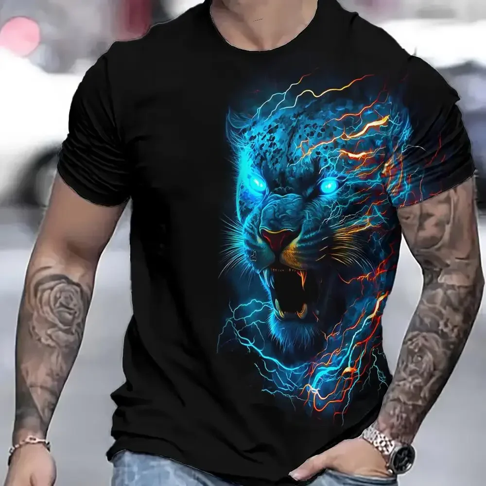 Sommer Neues Herren-T-Shirt mit 3D-Tiger-Muster, Modischer Trend, Kurzarm, Streetwear, Übergröße, Rundhals-Oberteil