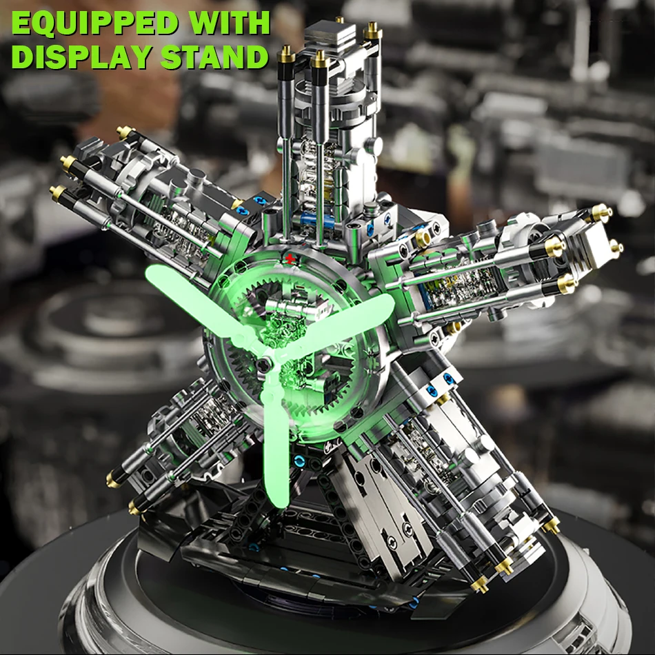 MOC ทางเทคนิคมอเตอร์ S-Cylinder Radial Engine Building Blocks พร้อมแสงไฟฟ้าเครื่องบินเครื่องยนต์อิฐของเล่นเด็กของขวัญ