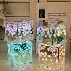 Hot Handmade DIY Tulip Mirror Cube Lamp Simulation Flower Bedroom Sleeping Table Lamp Tulips Mirror Night Light Birthday Gift