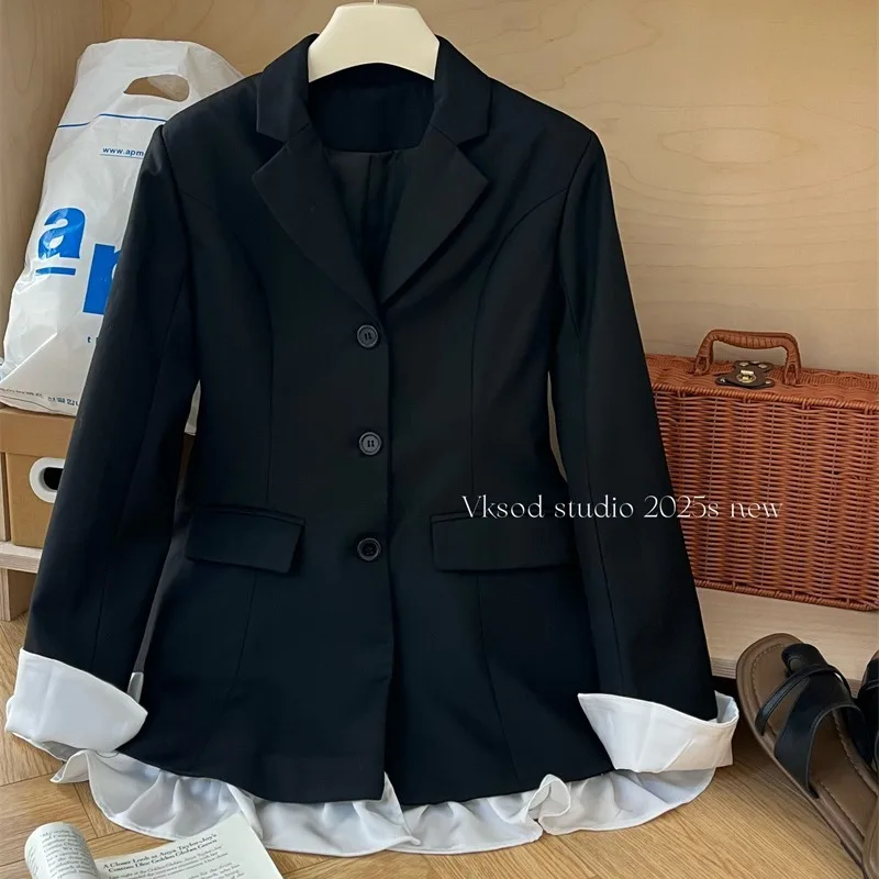 KWTX Solid Color Suit Collar Long Sleeve Combination Receiving Waist Suit Skirt V Spring 2025A Swing Dress