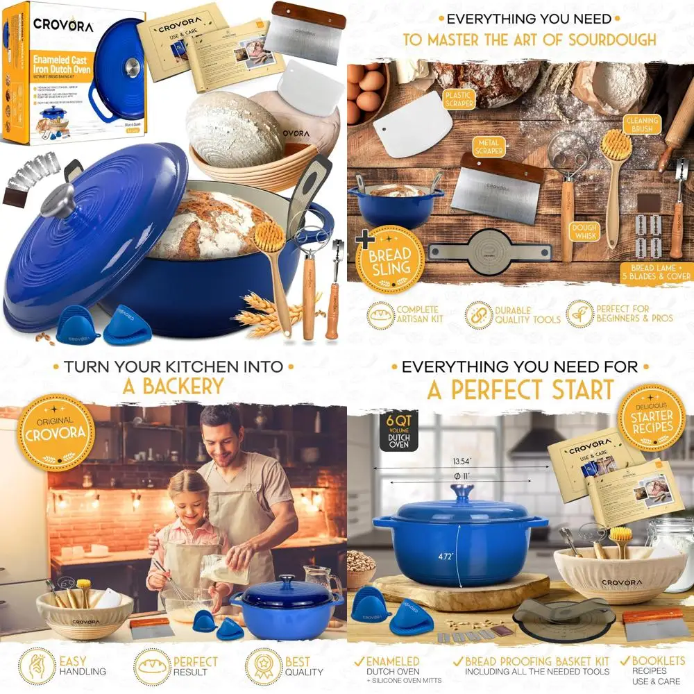 

Эмалированная чугунная голландская духовка 6 QT — идеально подходит для выпечки хлеба на закваске с крышкой и принадлежностями для защиты баннетонов