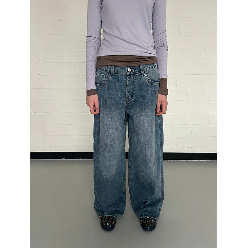 

Весна 2026: Синие прямые джинсы в корейском ретро-стиле, повседневные широкие брюки, универсальные, удобные, дышащие