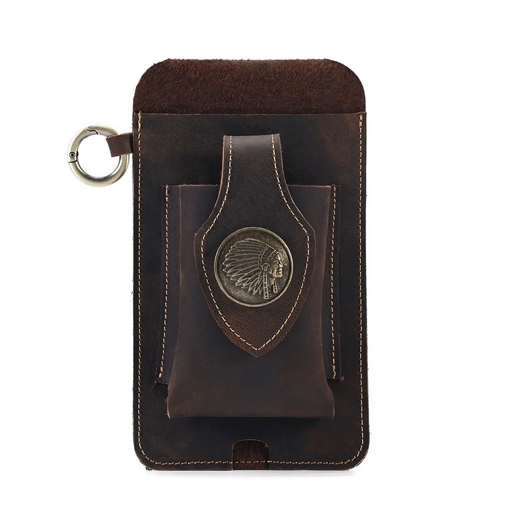 Genuine Leather Cell Phone Holster Case with Belt Loop Pouch Vintage Travel Sports Walking Waist Pack with Key Fob