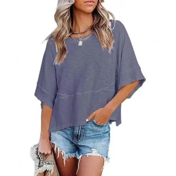 Women's Spandex round Neck Summer Casual Batwing T-shirt Pure Color Polyester Short Sleeve Regular Fit Stitching Detail