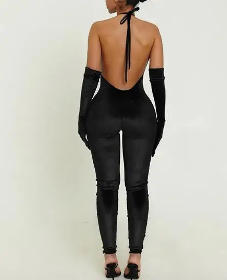 Combinaison pour femmes, col suspendu, corde attachée, dos nu, demi-manches, couleur unie, moulante des hanches, neuf parties, automne et hiver