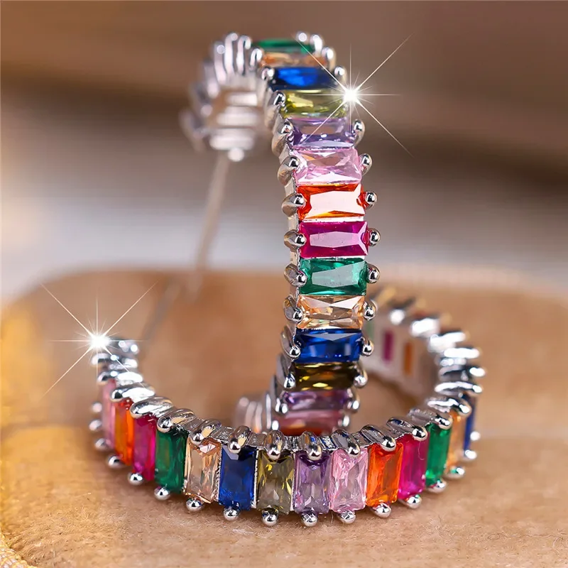 Luxury Female Rainbow Zircon Stone Clip Earrings Charm Silver Color Wedding Jewelry For Women