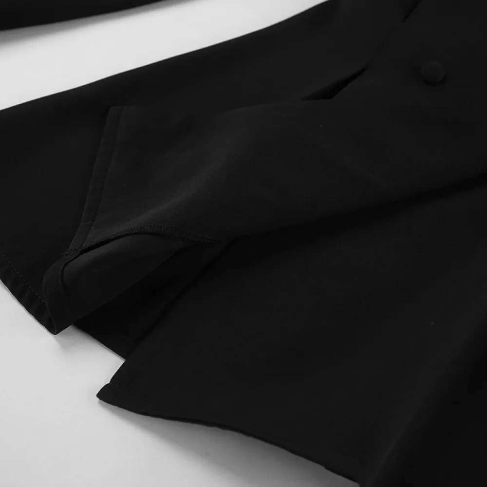 Solid Black Blazer And Skirt Set Waist Pleat Double Button Women Two Piece Suit Notched Lapel Slim Fit Formal Skirt Suit
