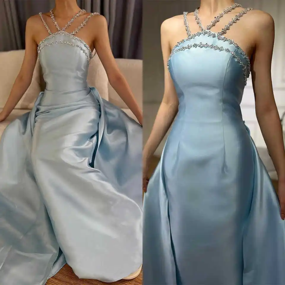 

Classic Light Blue Satin Mermaid Prom Dress Floor-Length Birthday Party Dress Plus Size For Special Occasion Dress Customized