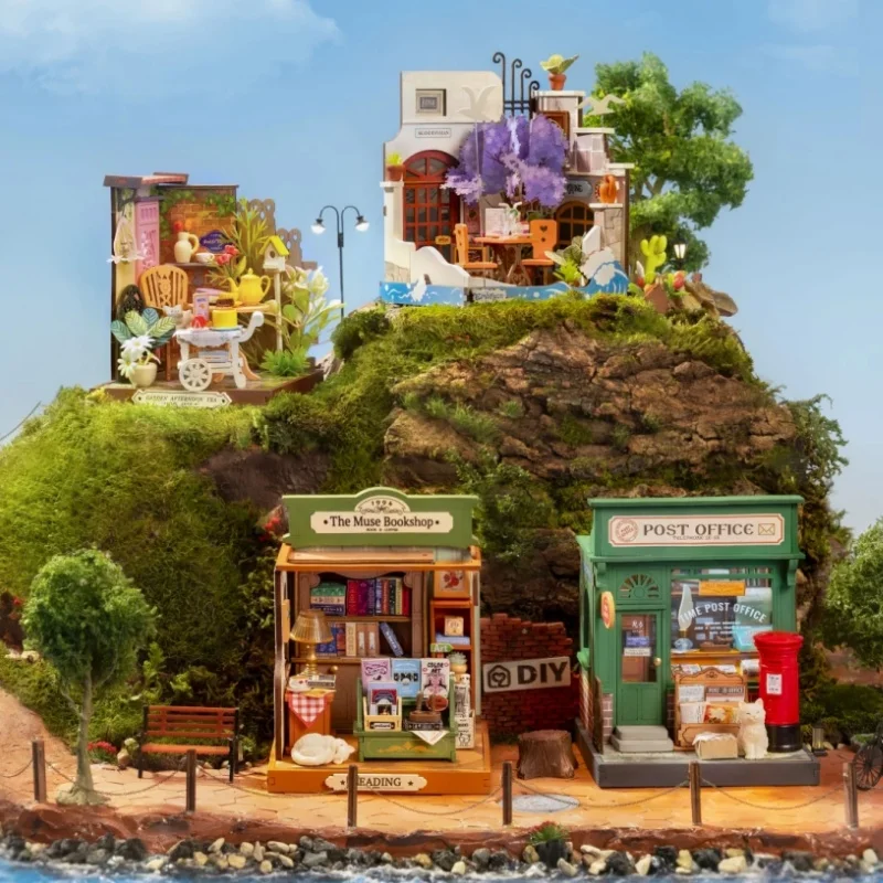 Robotime rolife DIY Miniature House Century Postoffice kit Sea Holiday Restaurant Muse Bookshop  Fancy Tea Yard kit for Adult