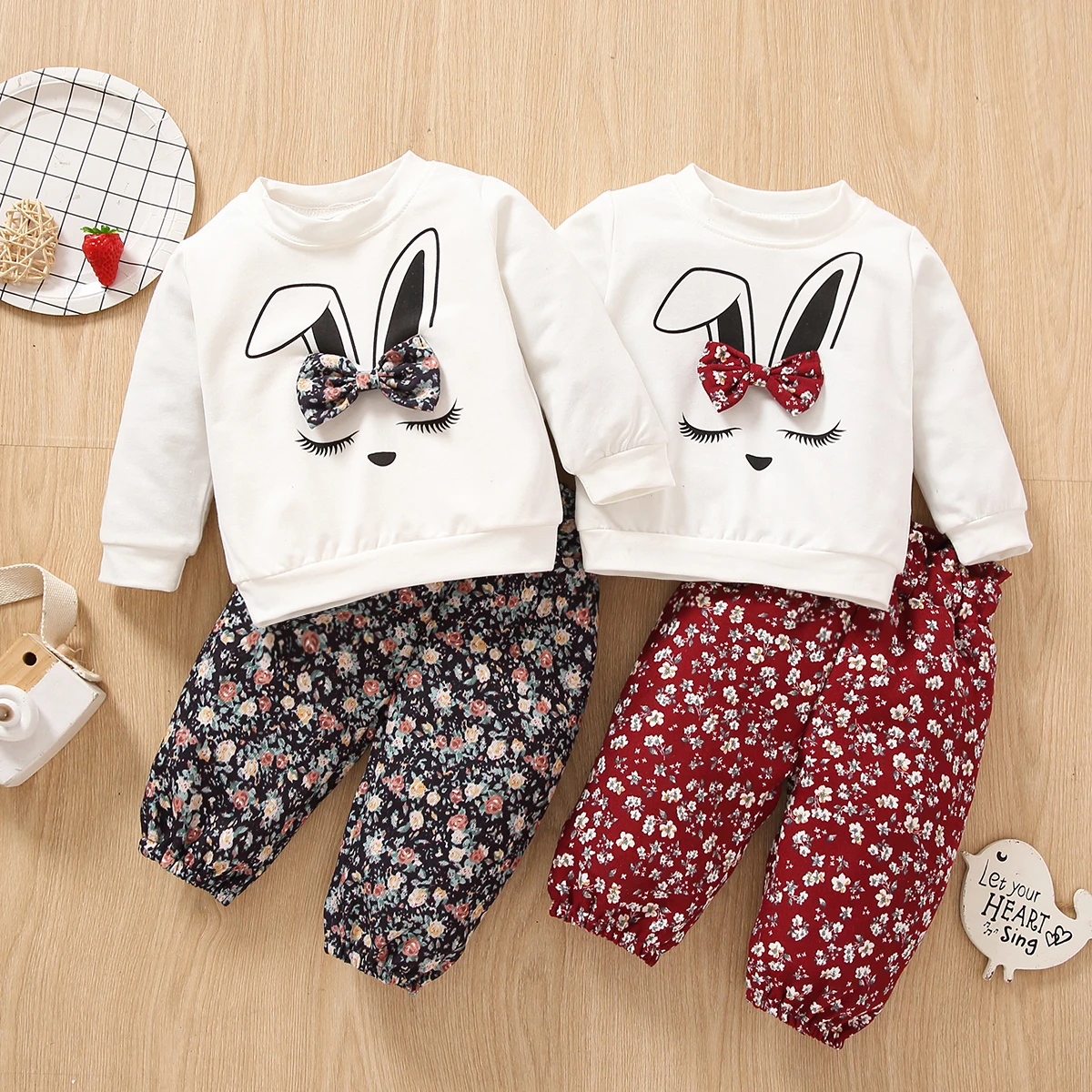 

PatPat 2pcs Baby Girl 95% Cotton Long-sleeve Cartoon Rabbit Print Sweatshirt and Floral Print Trousers Set