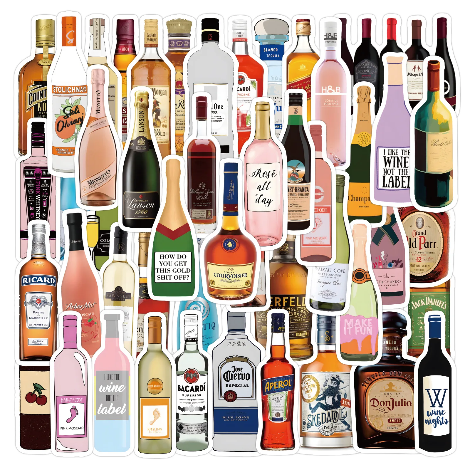 50PCS Assorted Alcohol Bottle Decorative Stickers Red Wine Whiskey Champagne Themed For Journal Laptop Water Bottle Phone Case