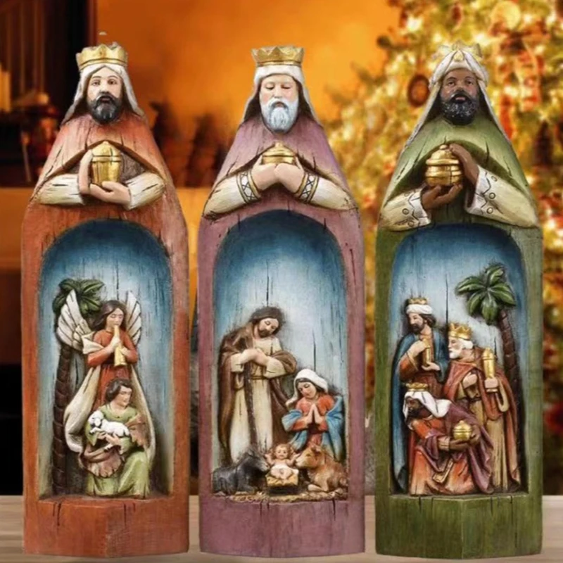 Resin Wise Men Figurine Religious Shelf Decors Painted Tabletop Nativity Scene Statue for Bookcase Desk Display and Holiday Y5GB