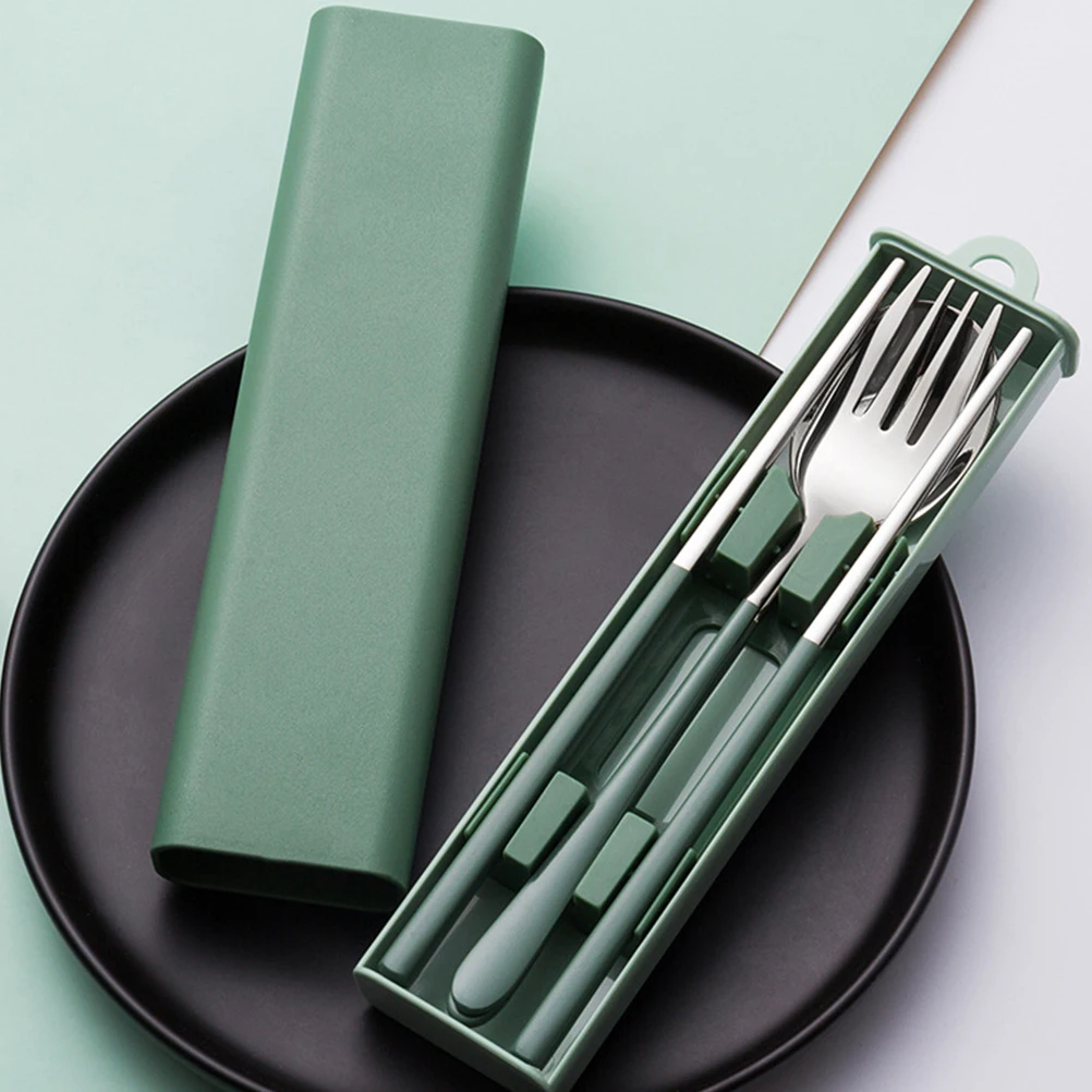 

Portable Set Stainless Steel Spoon Fork Chopsticks Green Camping Travel Utensils Lightweight Metal Cutlery Smooth