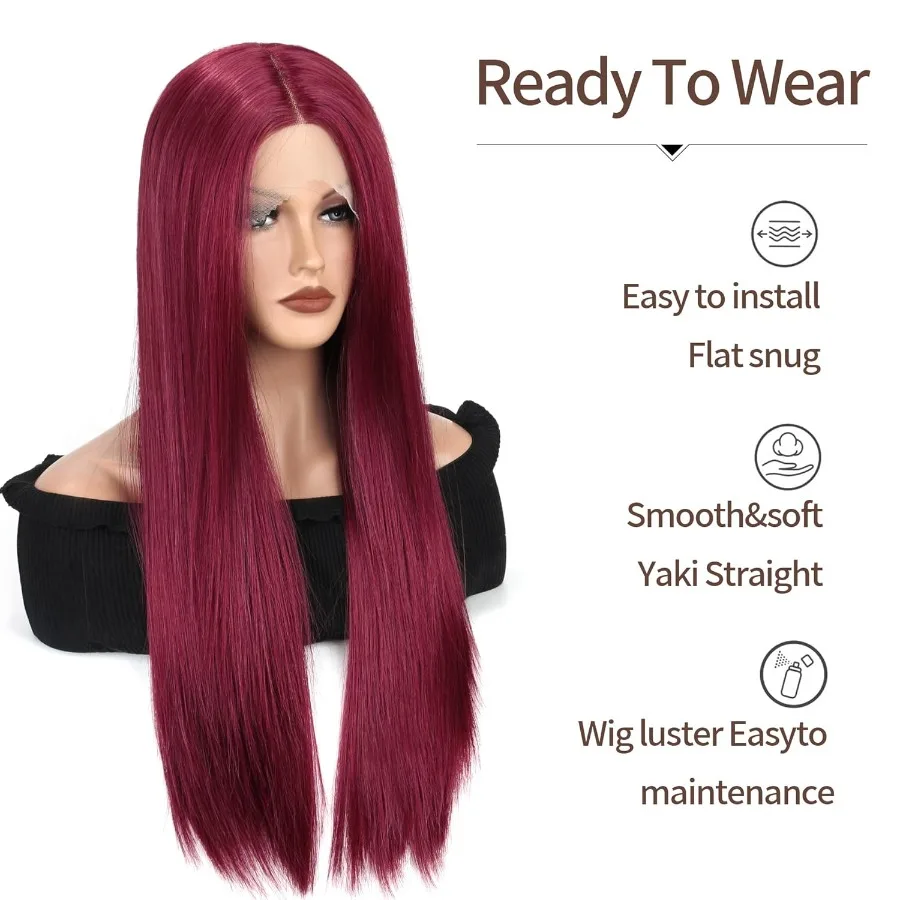 الاصطناعية الدانتيل الجبهة الباروكات للنساء شعر أحمر مستقيم غلويليس 13x4x1 طويل مستقيم ألياف طبيعية مقاومة للحرارة شعر مستعار طبيعي واي فاي #3