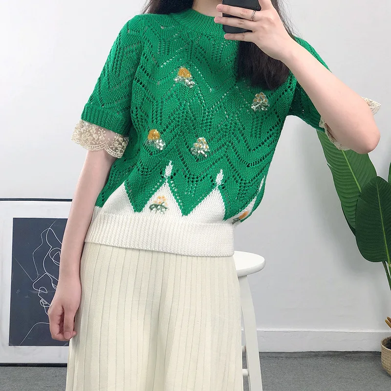 Sequins Crochet Hollow Collision Knit Sweater Loose Short Green Knitwear Tops Autumn/Winter Woman Clothing