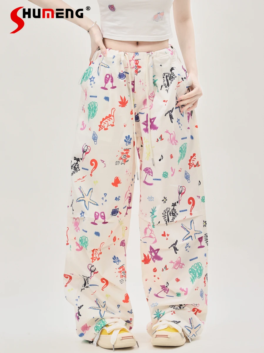 2023 Summer New Casual Sweet Dopamine Wear Straight Trousers Women's Loose Graffiti Wide-Leg Thin Printing Dyeing Draped Pants