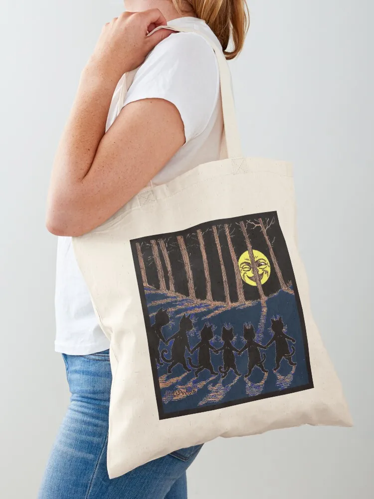 

BLACK CATS and WINKING MOON : Vintage 1916 Abstract Louis Wain Print Tote Bag bags luxury women Women's handbag