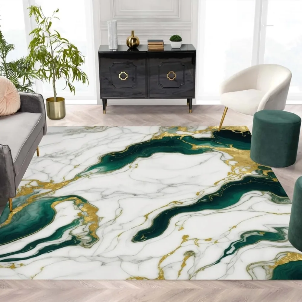

Marble Swirl Modern Abstract Emerald Green Grey Gold Area Rug for Living Room Bedroom Ultra Soft Wool Carpet Under Dining Table