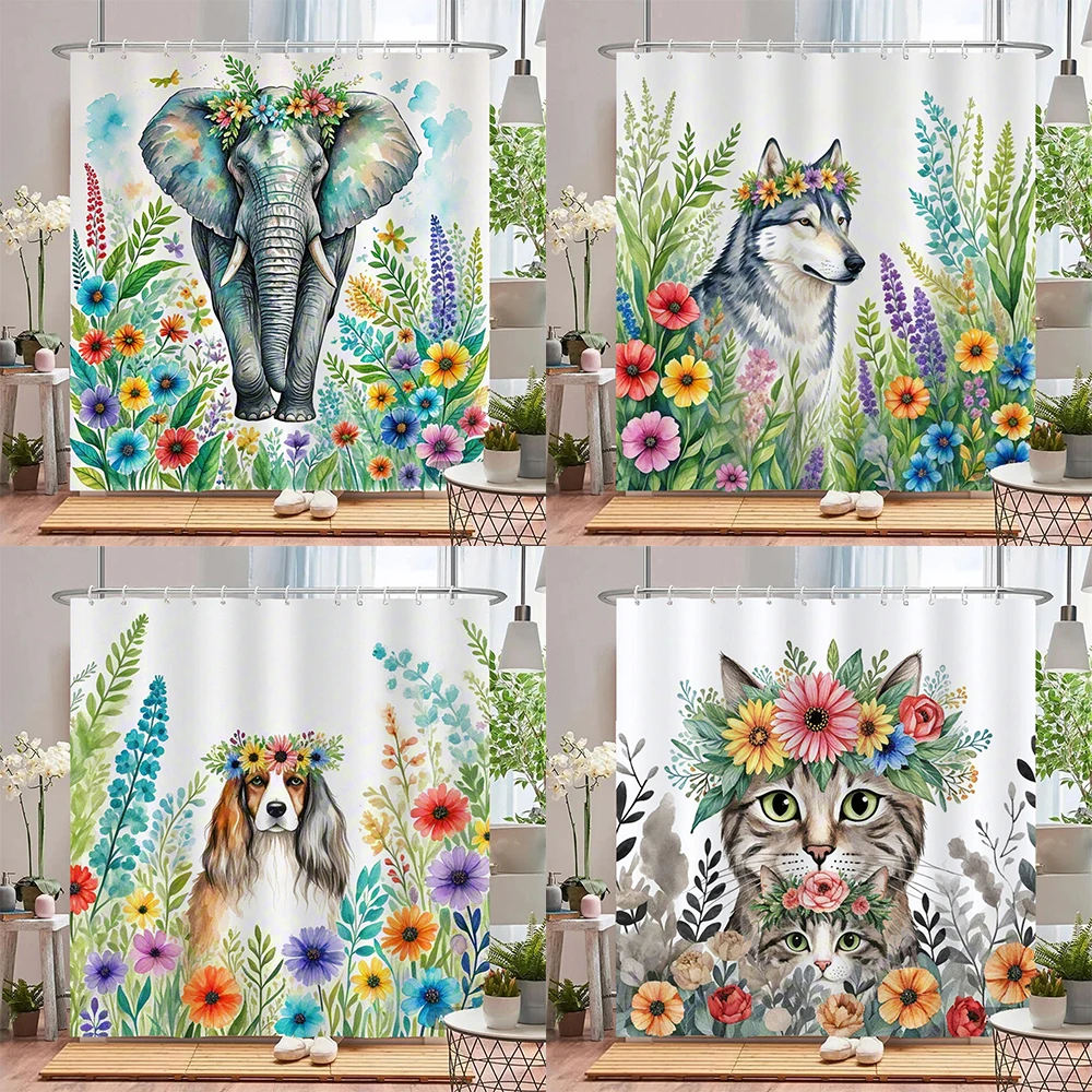 

Elephant, Wolf, Animals Shower Curtain, Texture Fabric Bathroom Decor Watercolor Flowers and Plants Shower Curtian with Hooks