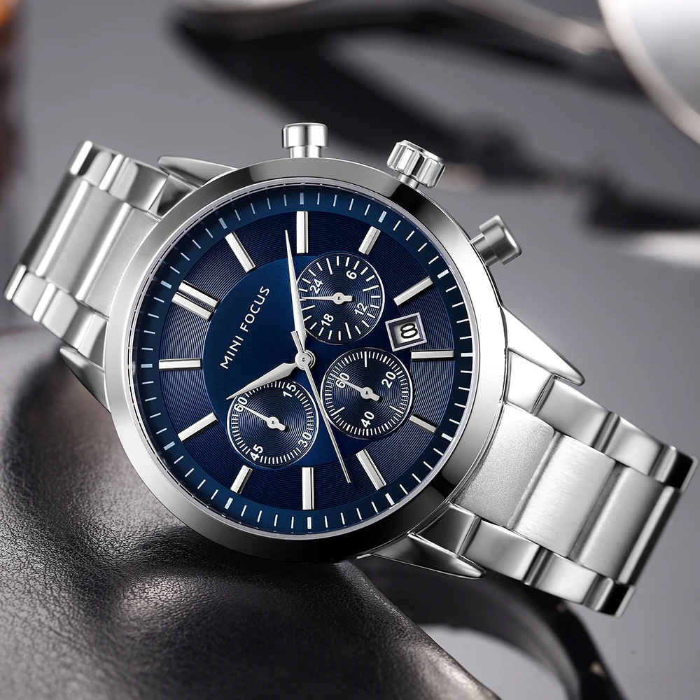 MINI FOCUS Multifunctional Fashion Luxury Quartz Watch Mens Watches Waterproof Chronograph Wrist Watch with Luminous Hands 0188G
