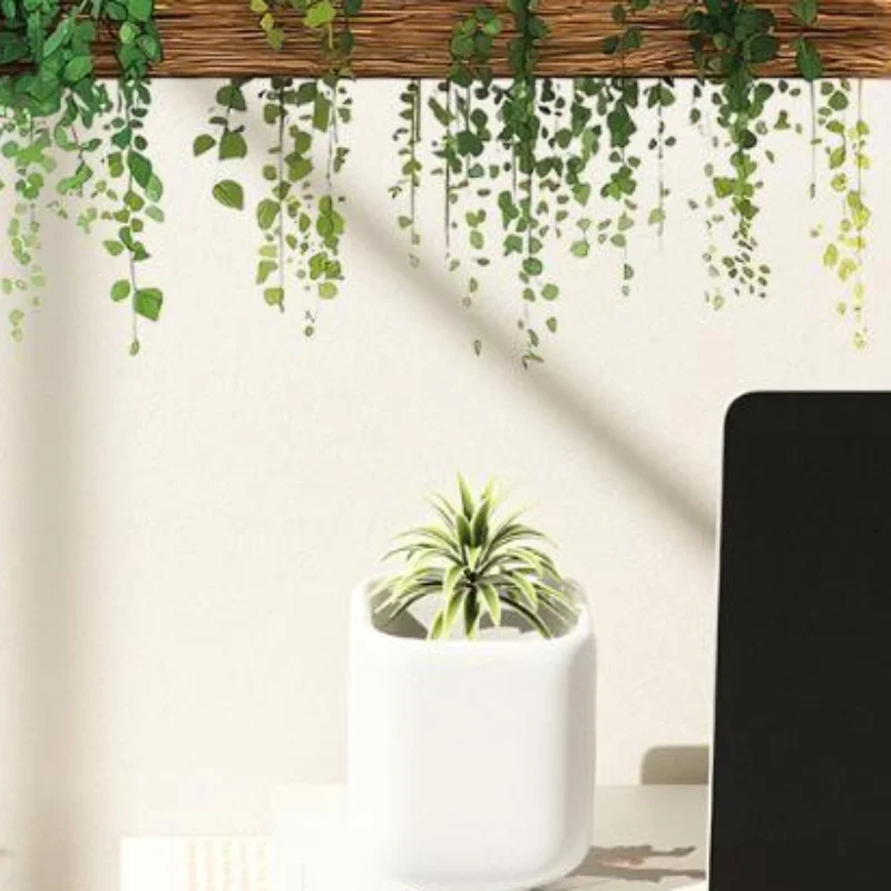 3D Green Hanging Plants Wall Sticker, Wooden Shelf Potted Greenery Mural, Removable Kitchen Living Room Home Decor 1PC