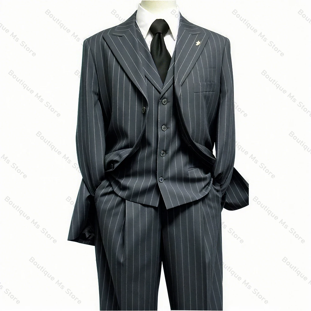 Handsome Black Striped Men\'s Suit Three-pieces ( Blazer+Pants+Vest) Chic Slim Casual Party Prom Wedding Set