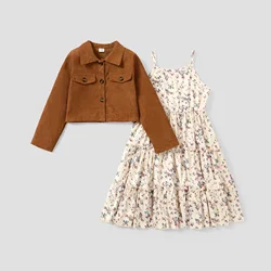 PatPat 2pcs Kid Girl Buttons Front Long-sleeve Jacket and Allover Floral Print Slip Dress Set Soft and Comfortable