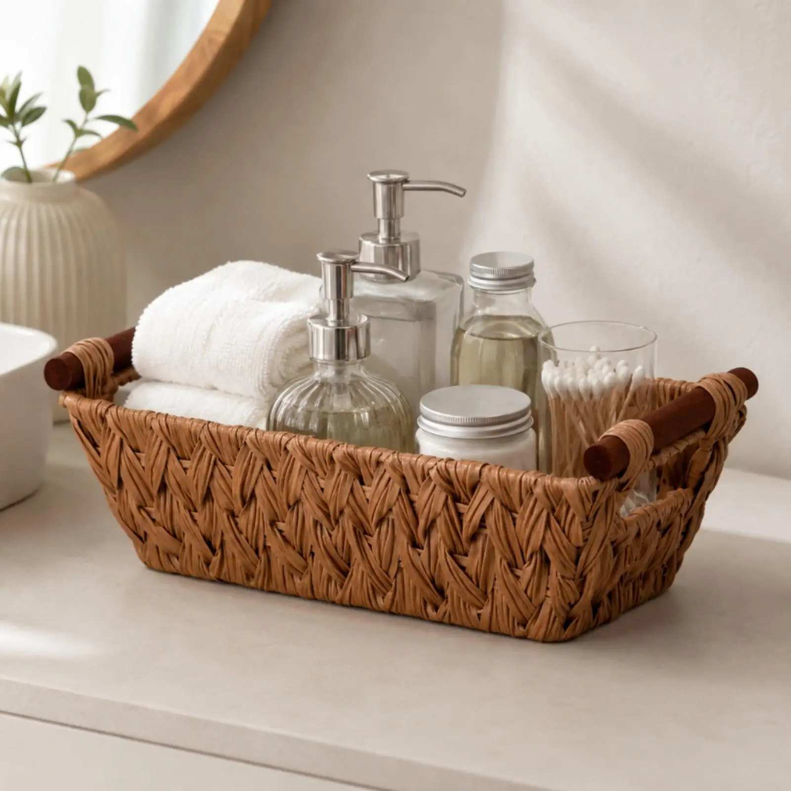 Rectangular Open-Top Storage Basket Strong and Handwoven Grass-Look Basket with Handles Multifunctional for Restroom, Bedroom,