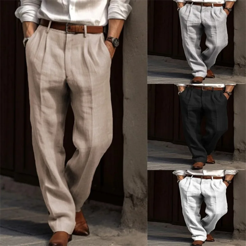 Pantalones de lino para hombre, doble pliegue, bolsillos delanteros, tubo recto, sólido, cómodo, transpirable, ocio, vacaciones, mezcla de algodón, moda