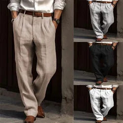 Men's Linen Pants Double Pleated Front Pockets Straight Tube Solid Comfortable Breathable Leisure Vacation Cotton Blend Fashion