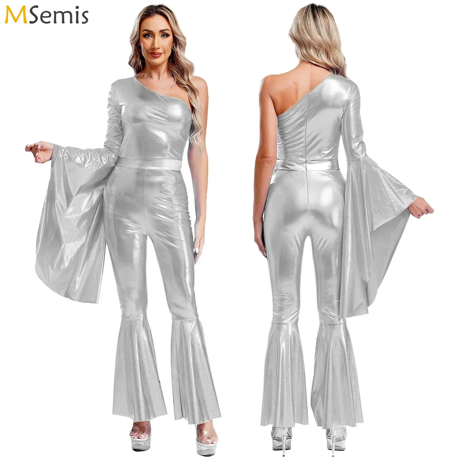 Women Dancewear Metallic Shiny Bell-bottom Hippie Jumpsuit Halloween Theme Party Vintage 70S Disco Dress Up Flare Sleeve Costume