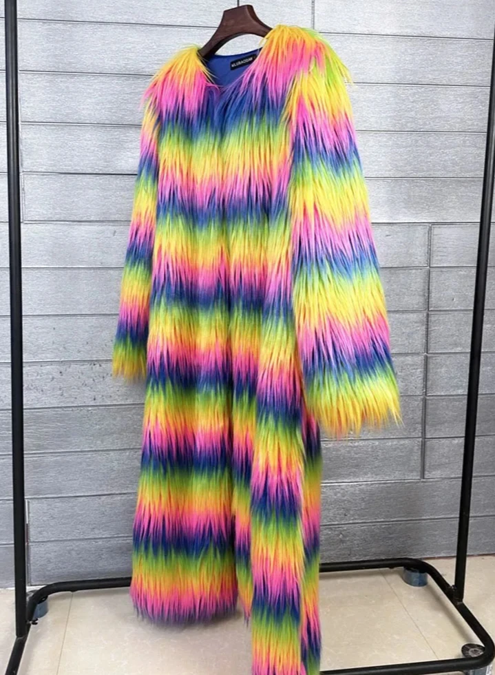 معطف نسائي شتوي أنيق منفوش من فرو الأغنام الصناعي بألوان قوس قزح سترة من الفرو الصناعي للنساء معاطف فرو طويلة للغاية #5