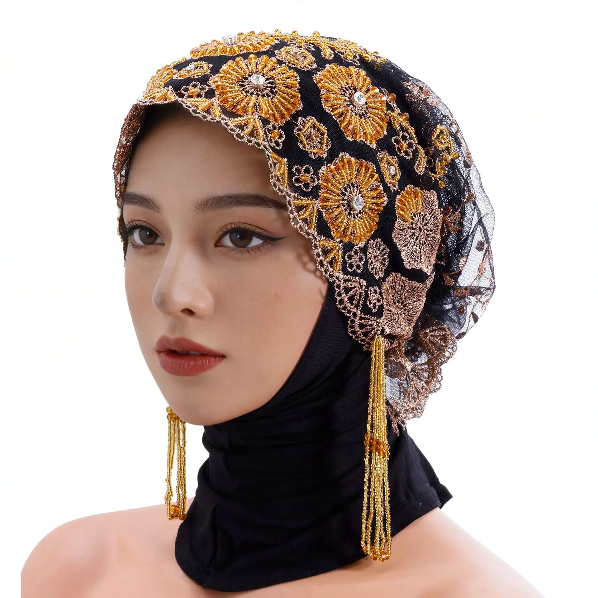 

Высококачественная кружевная шапка-тюрбан ручной работы с бисером, женская повязка на голову, шапки для мусульманских женщин, головной платок, капот, готовые к ношению хиджабы Mujer