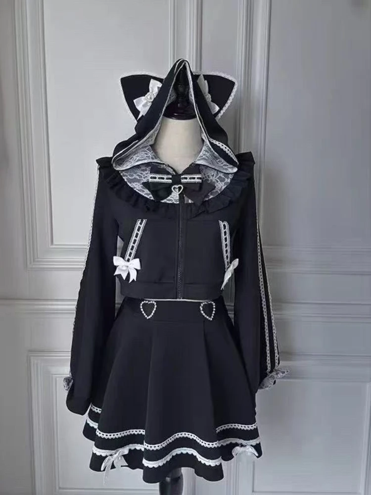 Japanese Subculture Preppy Style Skirt Suits Women Cute Cat Ear Long Sleeve Coat + Fluffy Skirt Autumn New Vintage Slim Outfits