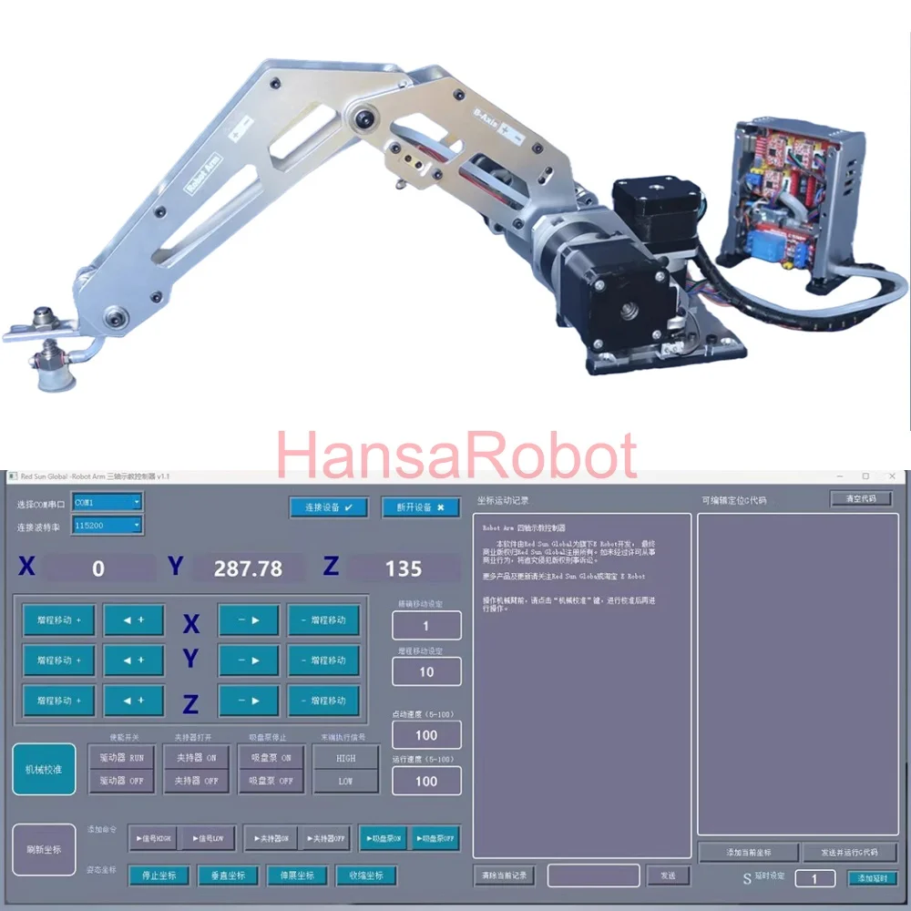 Arduino 3 DOF Metall-Roboterarm-Klauen-Set mit Schrittmotor-Saugpumpe, DIY-Manipulator, mechanischer Arm