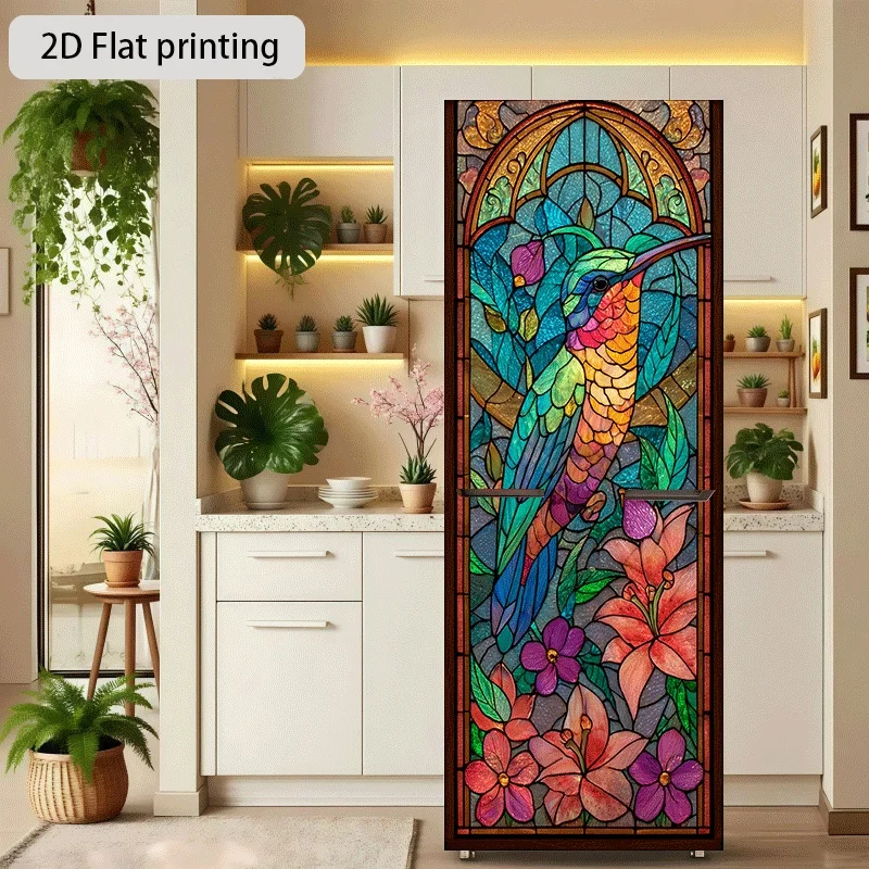 Refrigerator Sticker Colorful Glass Hummingbird Theme Design Wall Sticker Decorative Wallpaper Self-Adhesive Suitable for Cabi