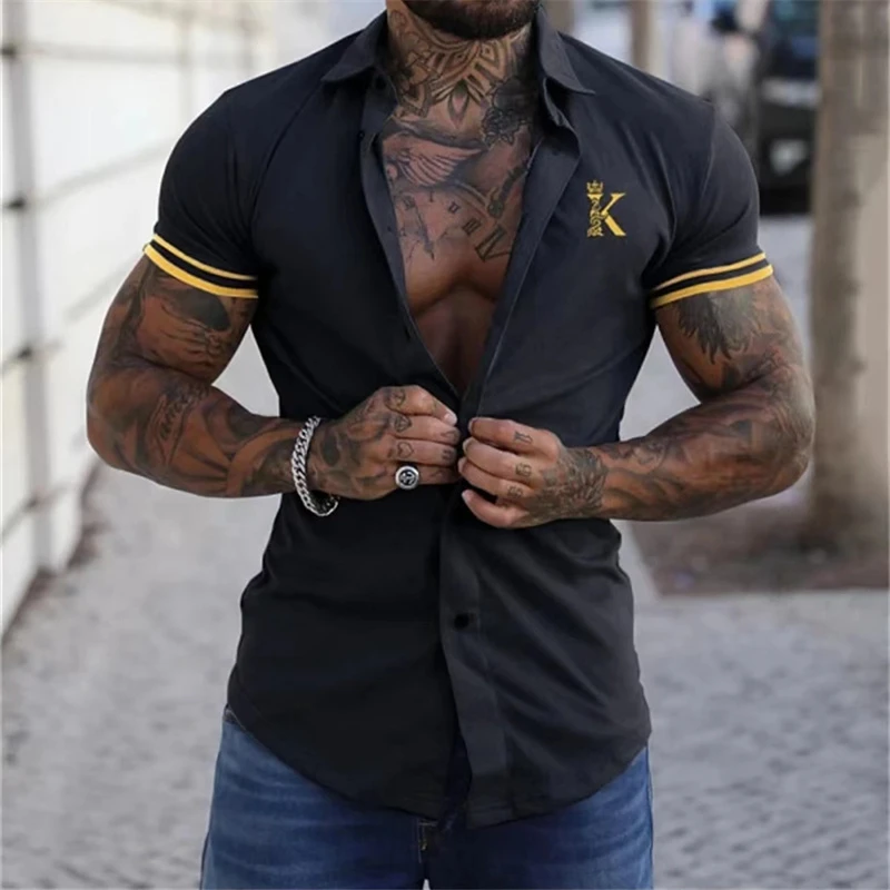 

Fashion K Letter Graphic Shirts For Men Summer Trendy Short Sleeve 3D Printed Lapel Button Shirt Loose Streetwear Simple Blouses