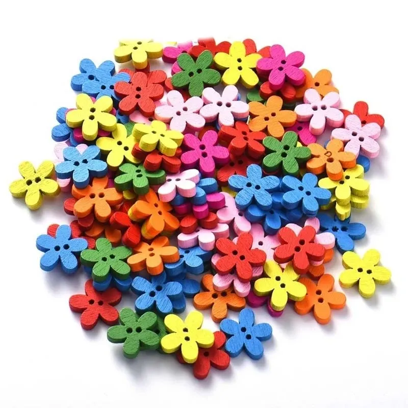 100 Pcs 2-hole Mixed Flower Wooden Decorative Buttons Suitable for Sewing Clip Arts and Crafts Multicolor