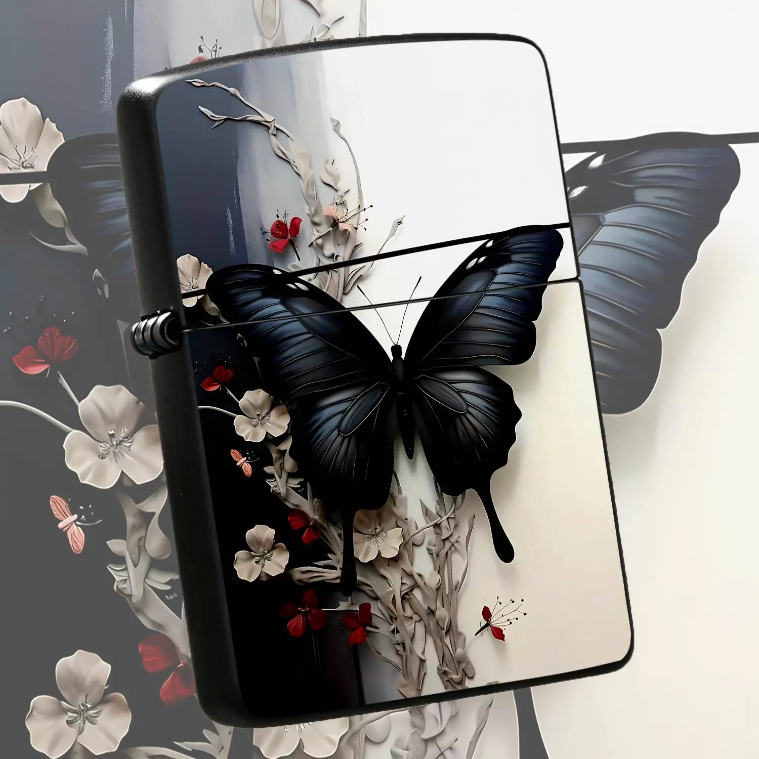 Exquisite  BlackFloral Lighter, Elegant Dark Blue Wing Art Design, Delicate Textured Decorative Pattern, Portable Stylish Accessory for Daily Use, Party Gatherings, Holiday Gifting, All ScenariosUnique Aesthetic Practica A Humorous And Inte
