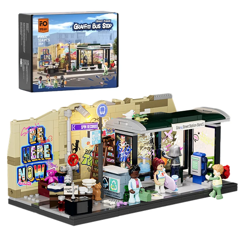 Animation American Street Series Graffiti Bus Stop Small Street Scene Building Block Model Urban Toy Architecture Birthday Gift