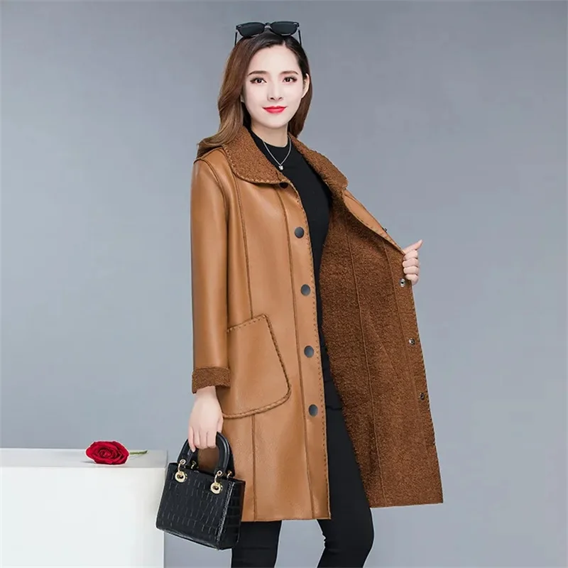 Leather Coat Women Mid length Mother Wear 2023 Autumn/Winter New Korean Version Versatile Loose Fit Velvet Windbreaker Fur Coat