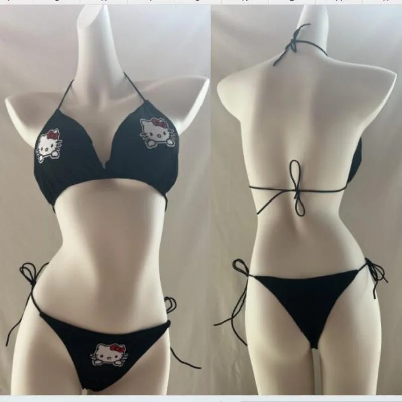 Oryginalny Sanrio Hello Kitty zwięzły jednolita seksowna damski kabriolet pasek wielokolorowy komplet bielizny czarny biustonosz Bikini i zestaw