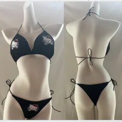 Oryginalny Sanrio Hello Kitty zwięzły jednolita seksowna damski kabriolet pasek wielokolorowy komplet bielizny czarny biustonosz Bikini i zestaw majtek