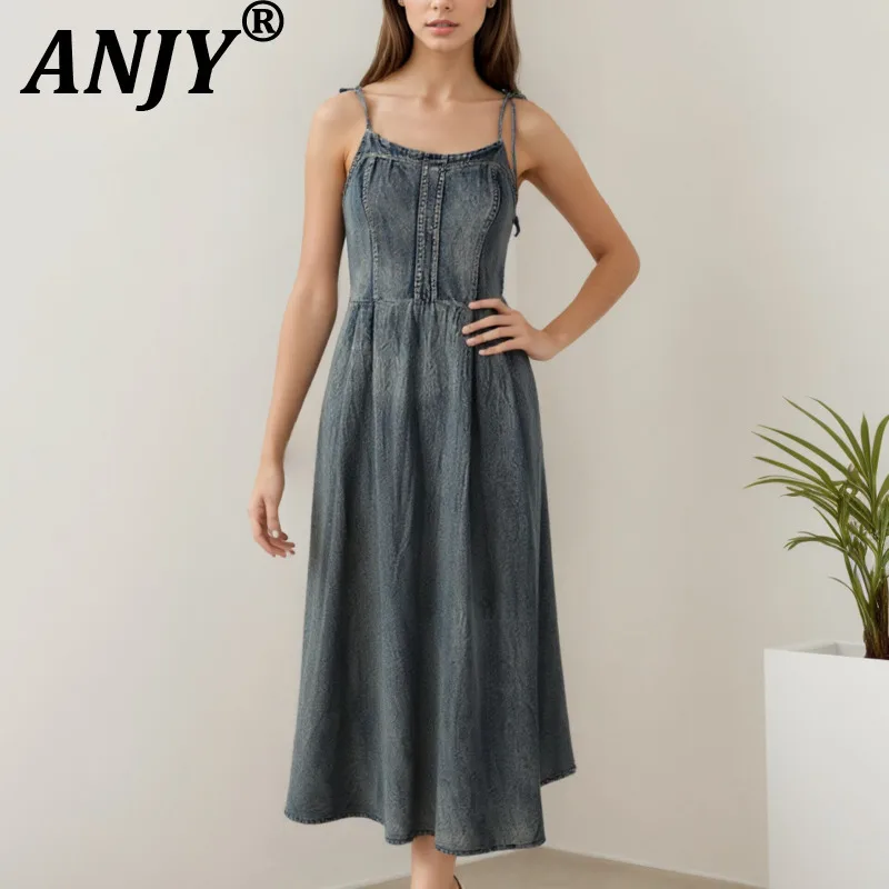 

ANJY Summer New Women American Retro Streetwear Trendy Vintage Chic Washed Denim Pleated Pocket Waist Cinching Strap Dress A7354
