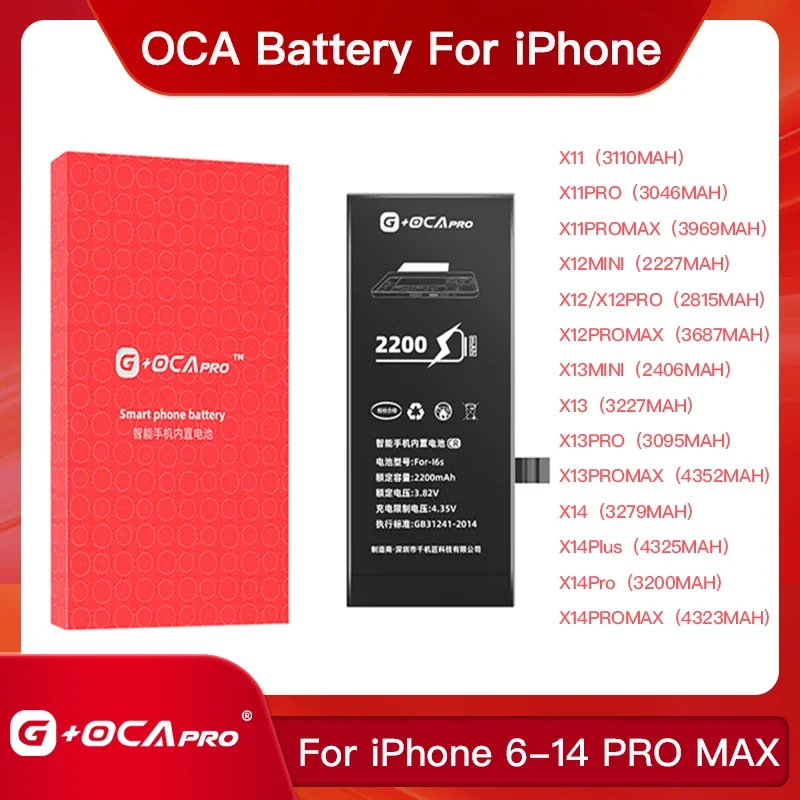 

G+OCAPRO Replacement Battery For iPhone 6 6S 6P 6SP 7 7Plus 8 8Plus X XR XS MAX 11 12 13 14 Pro Max Mini High Capacity Bateria