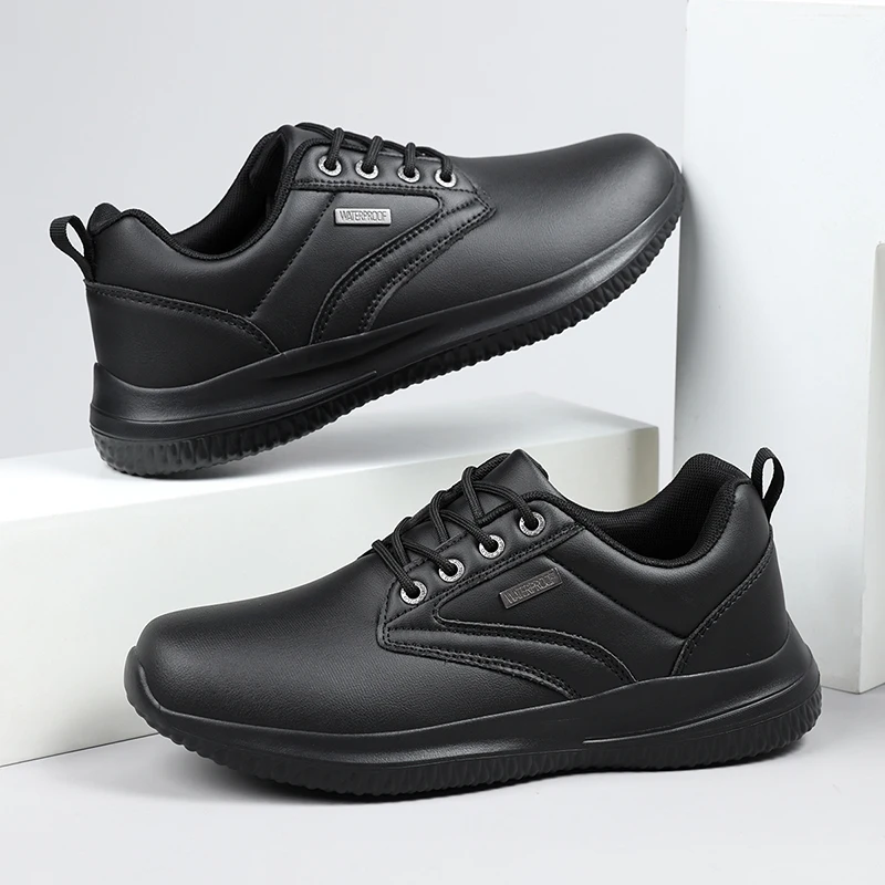 Men Water‑Resistant Synthetic Leather Work Shoes Lace‑Up Non‑Slip Rubber Outsole Wear‑Resistant Soft Padded Insole Lightweight