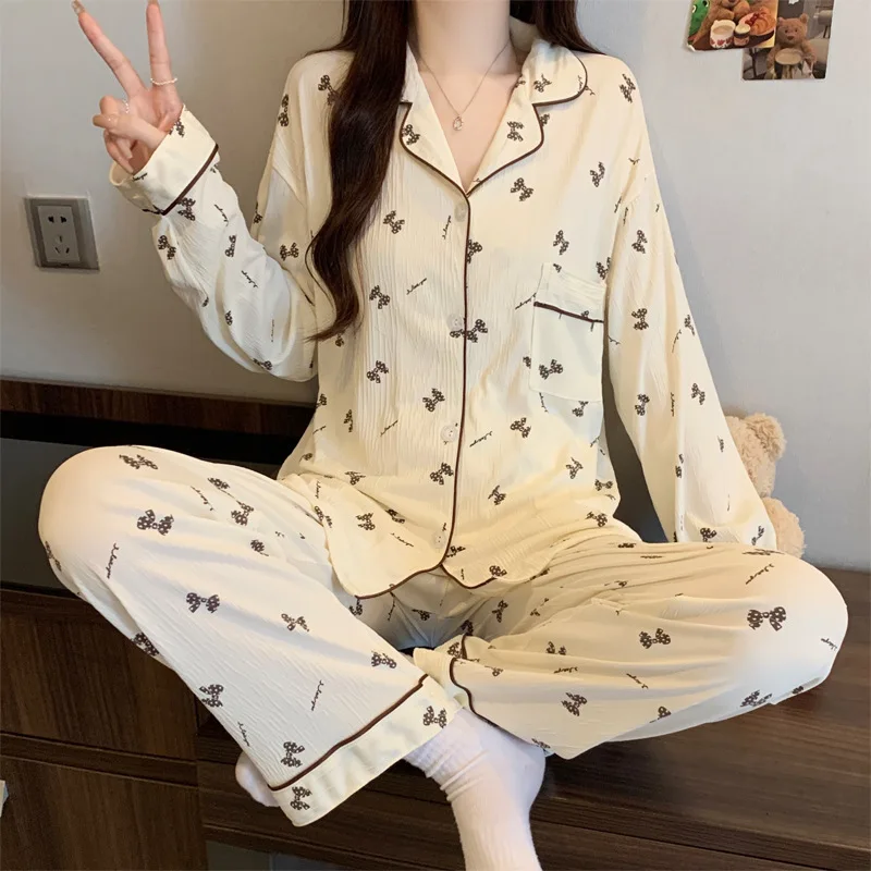 The New Japanese Bow Ins Style Casual Sweet Wrinkled Cloth Pajamas Female Spring and Fall Long-Sleeved Long Pants Homewear Suit