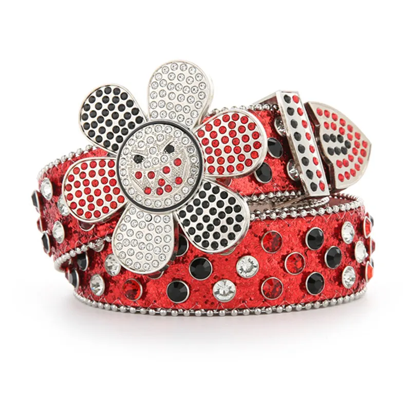 men fashion party prom rhinestone belts flower buckle soft leather belt designer waistband womens trendy diamond studded strapon